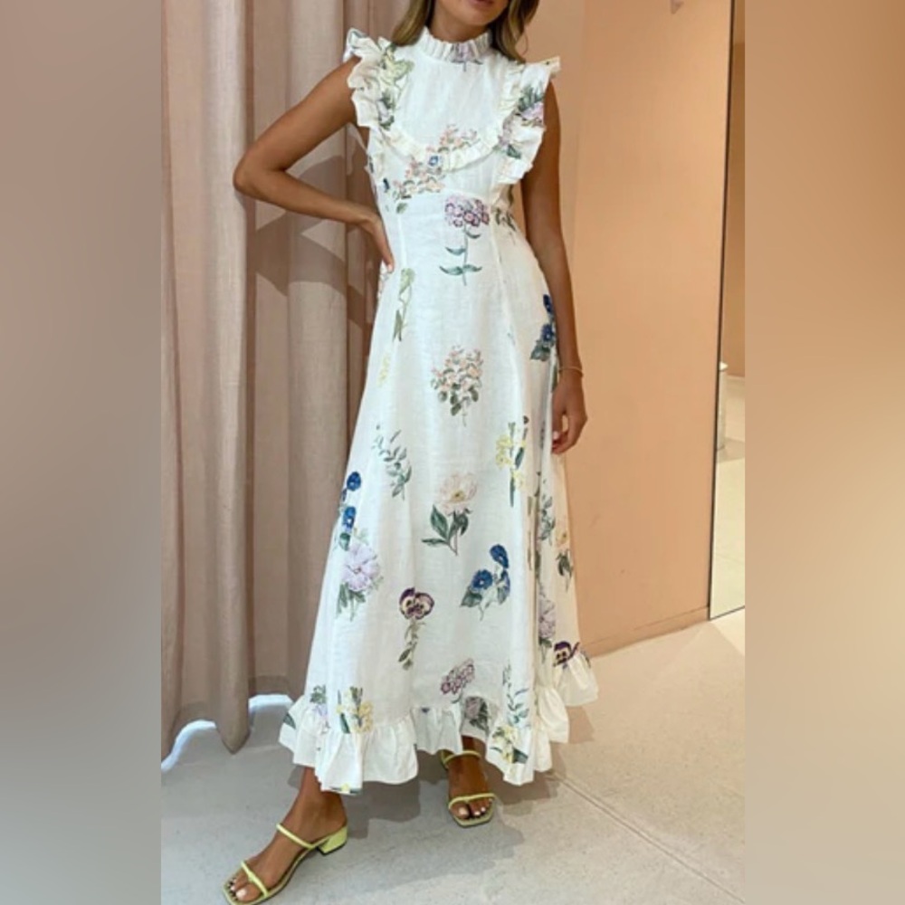 Alemais Jules Floral Ruffle-Trim Cream colored  Midi Dress